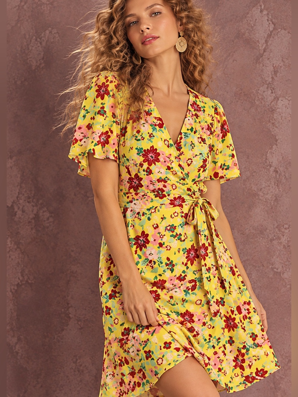 J.Crew Women's Yellow Floral Wrap Dress Size 14, 100% Polyester, Short Sleeve